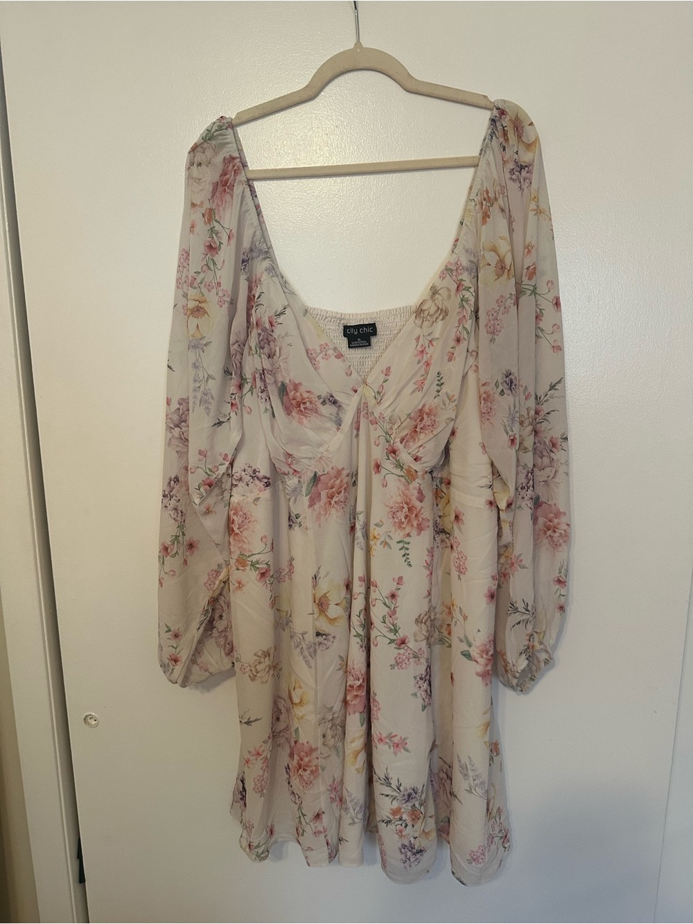 City Chic Cream Floral Chiffon Mini Dress with Pink & Yellow Blooms